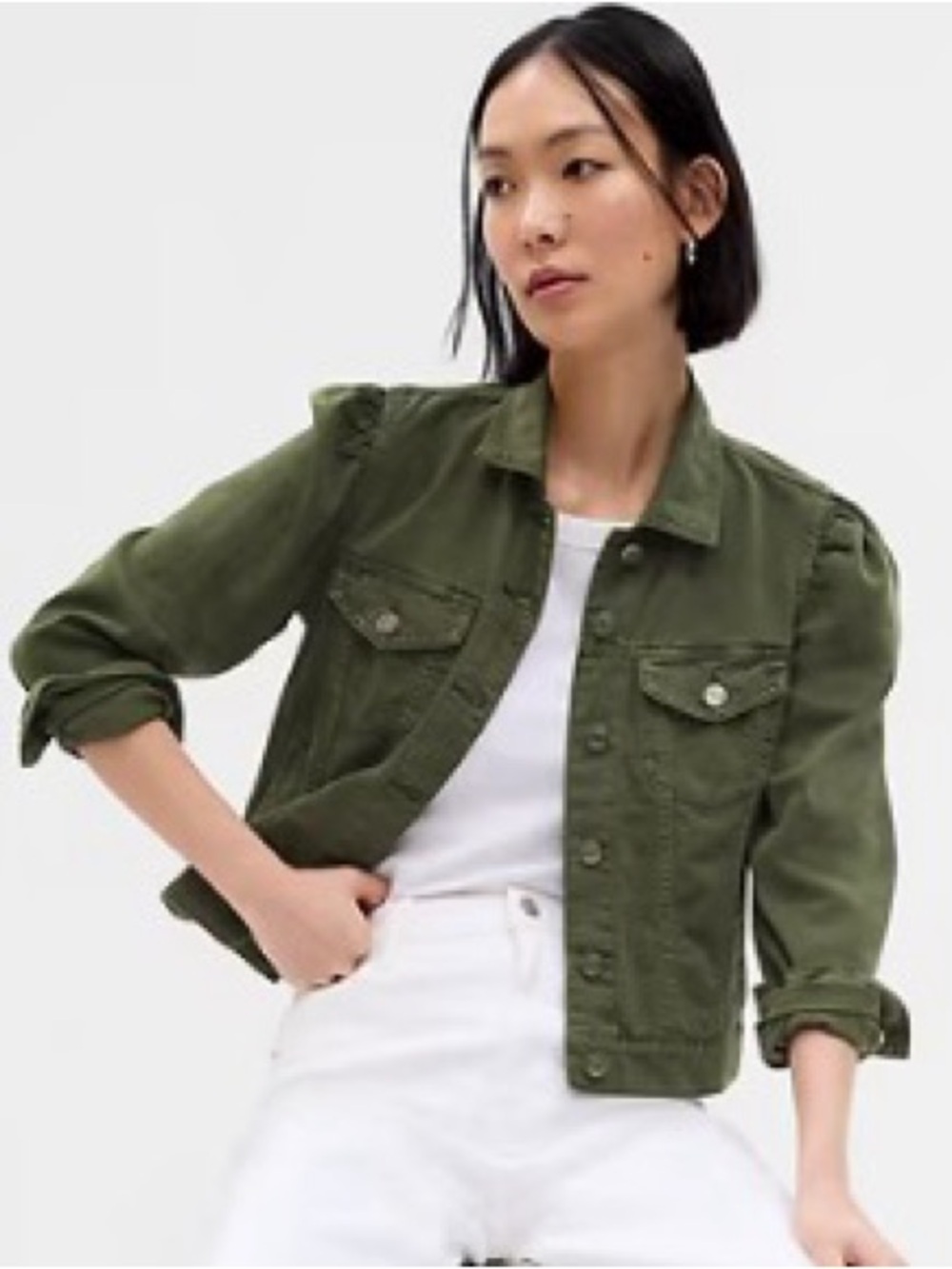 GAP - Olive Green Women's Puff Sleeve Jean Jacket - Small